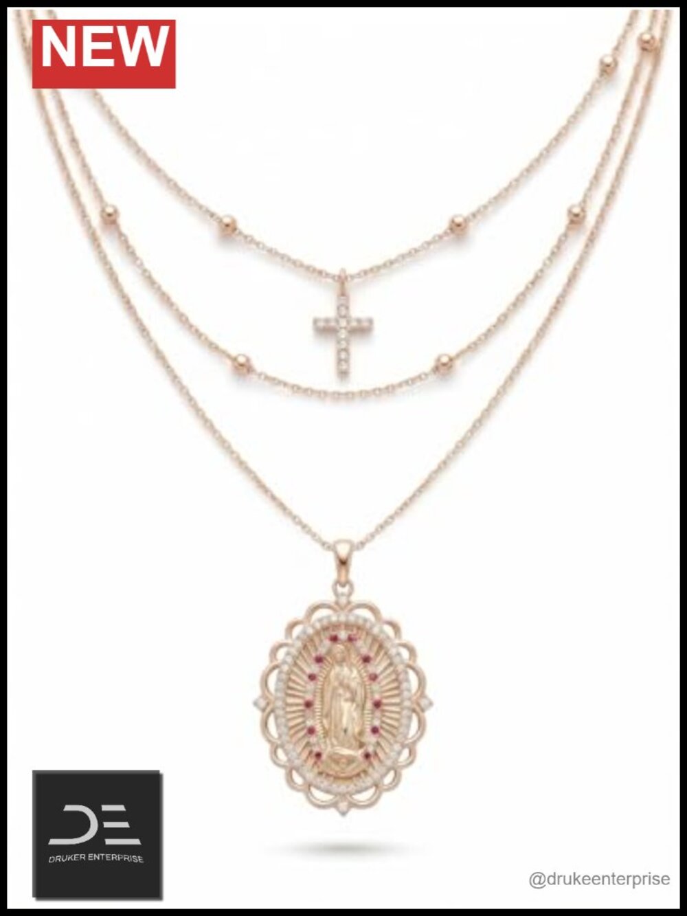 14K Gold Plated 925 Sterling Silver Virgin Mary Layered Cross Necklace